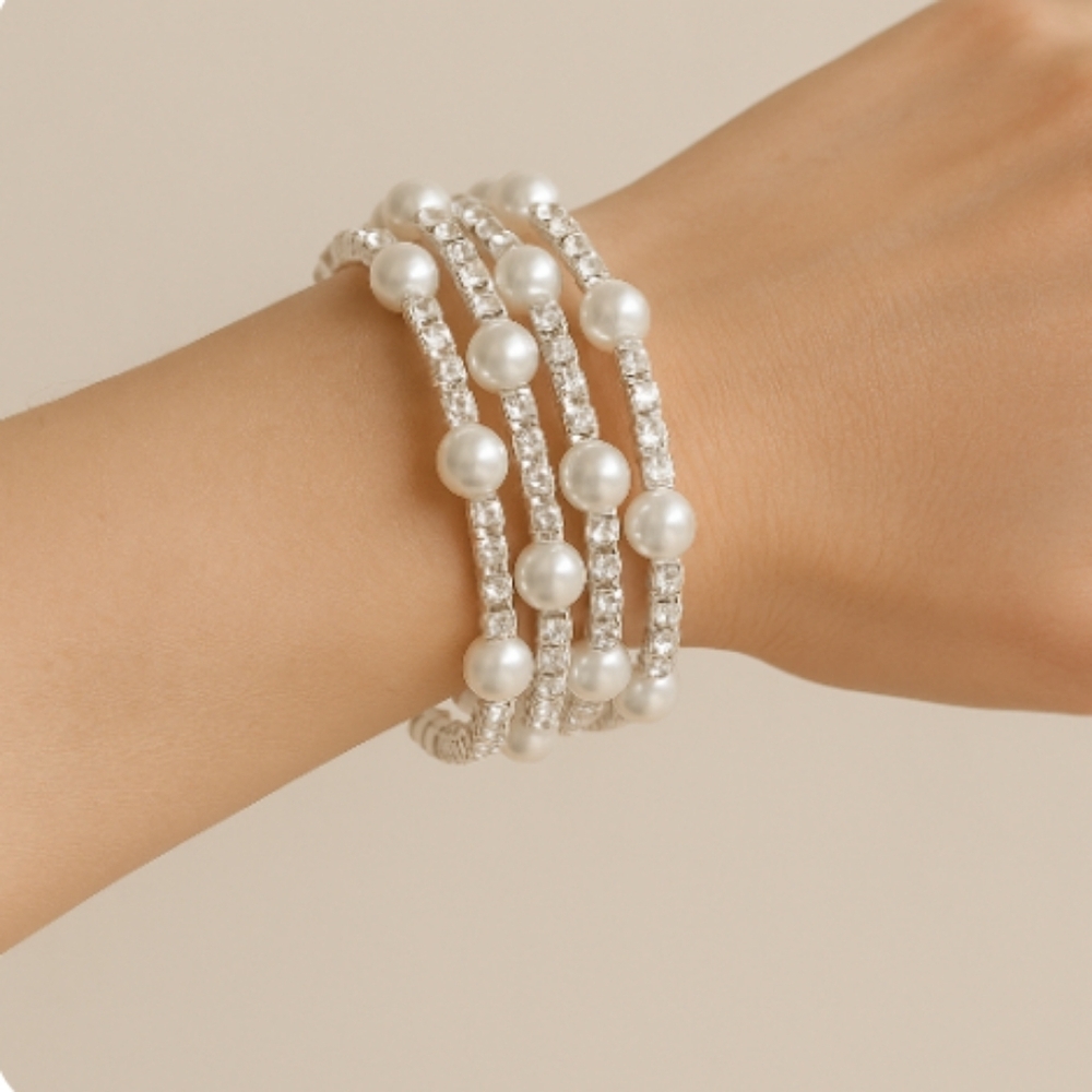 Pearl and Rhinestone Silvertone Coil Wrap Bracelet